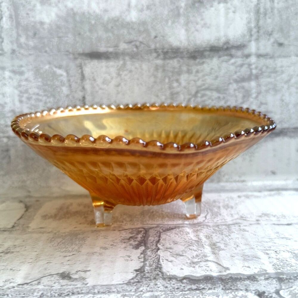 VTG Jeannette Glass Iridescent Amber Marigold Carnival Candy Bowl Dish Fluted